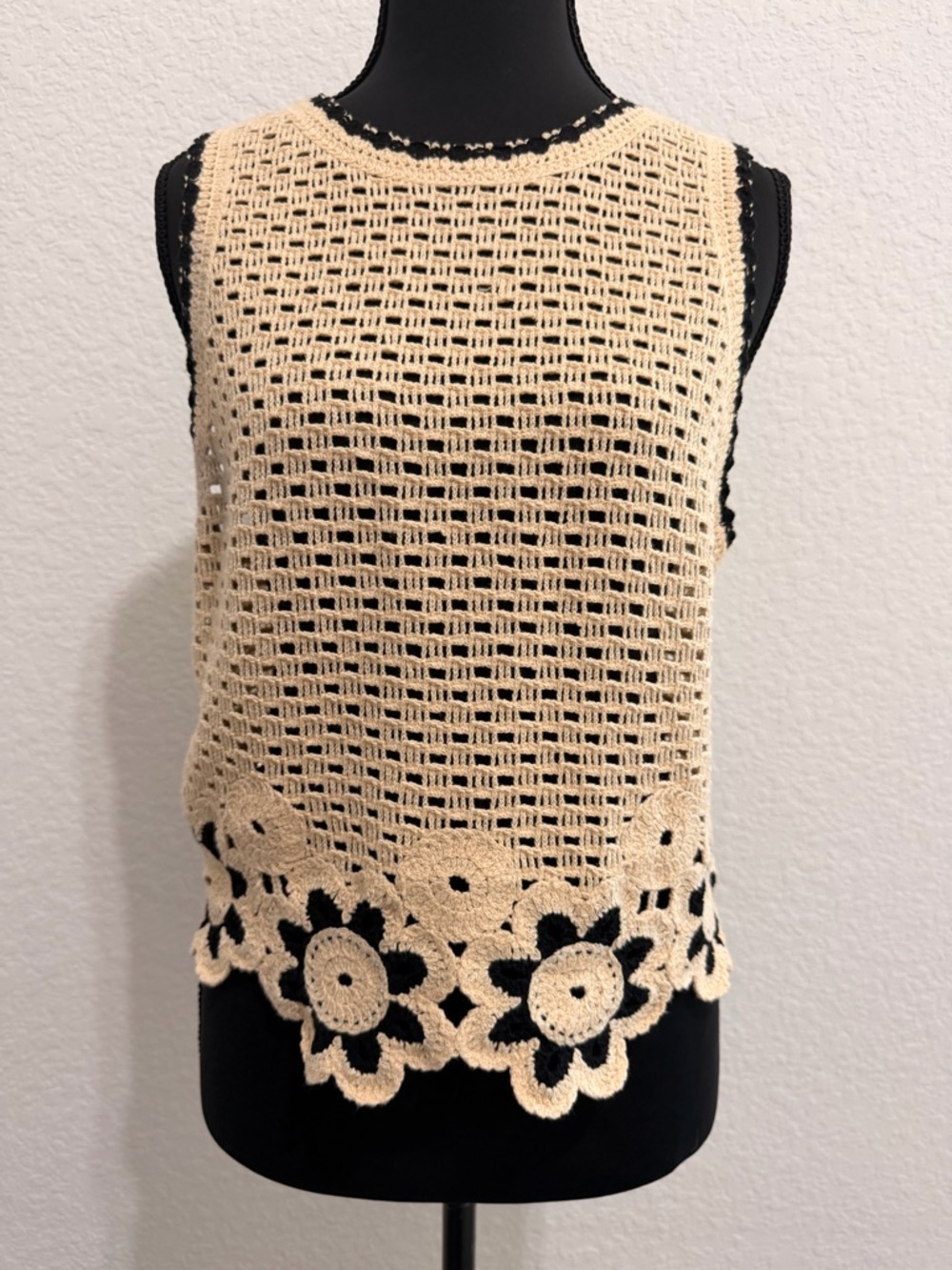 Sandro Beige Crochet Knit Top | Floral Appliqué Scalloped Trim